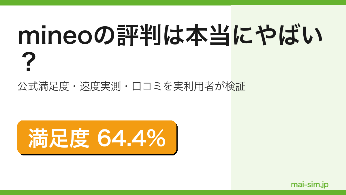 mineo評判検証記事のアイキャッチ（公式満足度64.4%・実利用者目線で検証する訴求）