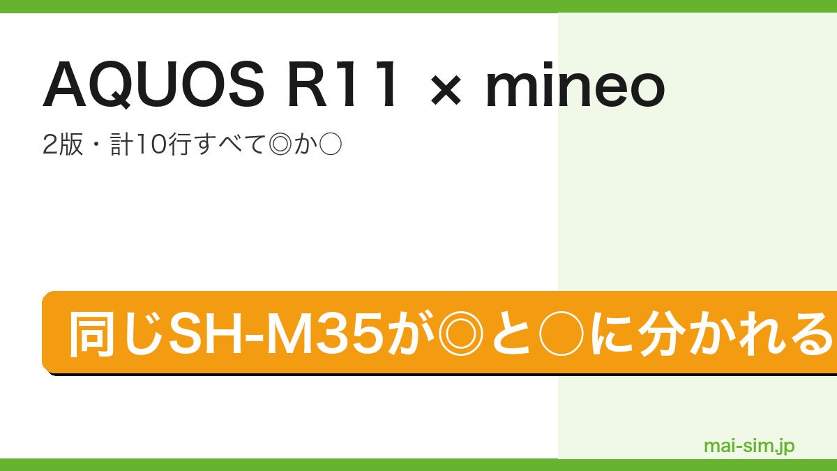 AQUOS R11がmineoで同じ型番SH-M35なのに◎と○に分かれることを示したアイキャッチ画像