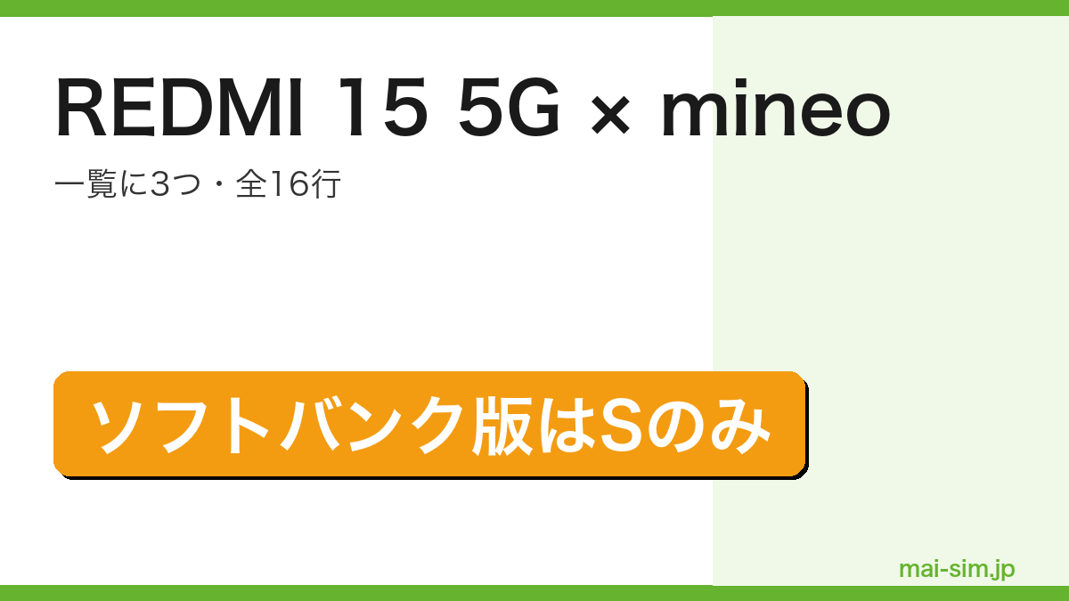 REDMI 15 5Gがmineoの一覧に3つ登録され全16行あることとソフトバンク版はSプランのみであることを示したアイキャッチ画像